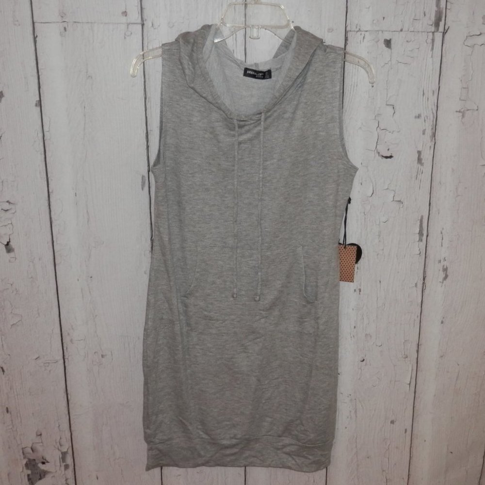 NEW Popular Basics Juniors XL Gray T Shirt Dress Pull String Hood Soft 3592